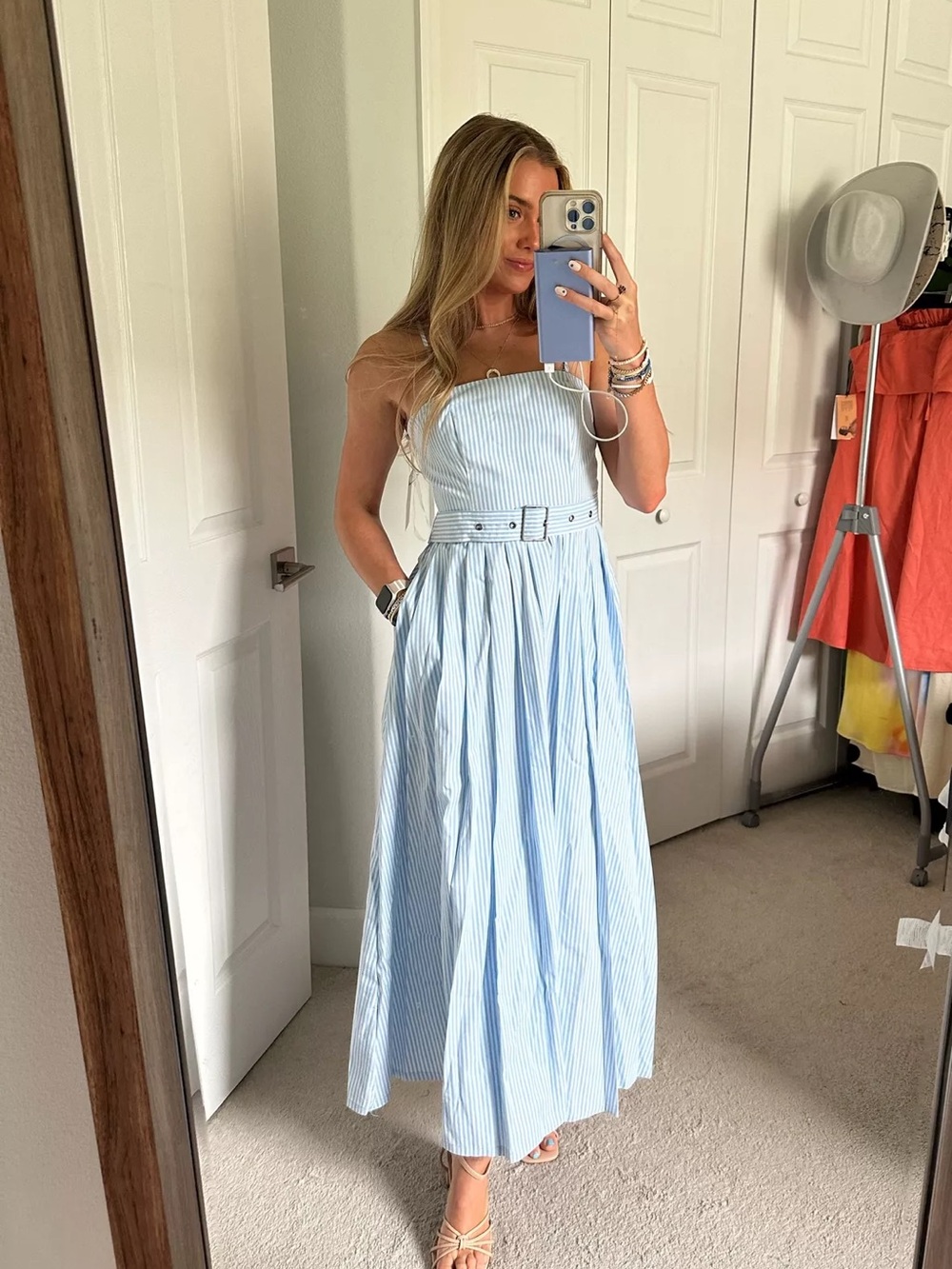 a new day Light Blue and White Striped Strapless Belted Maxi Dress